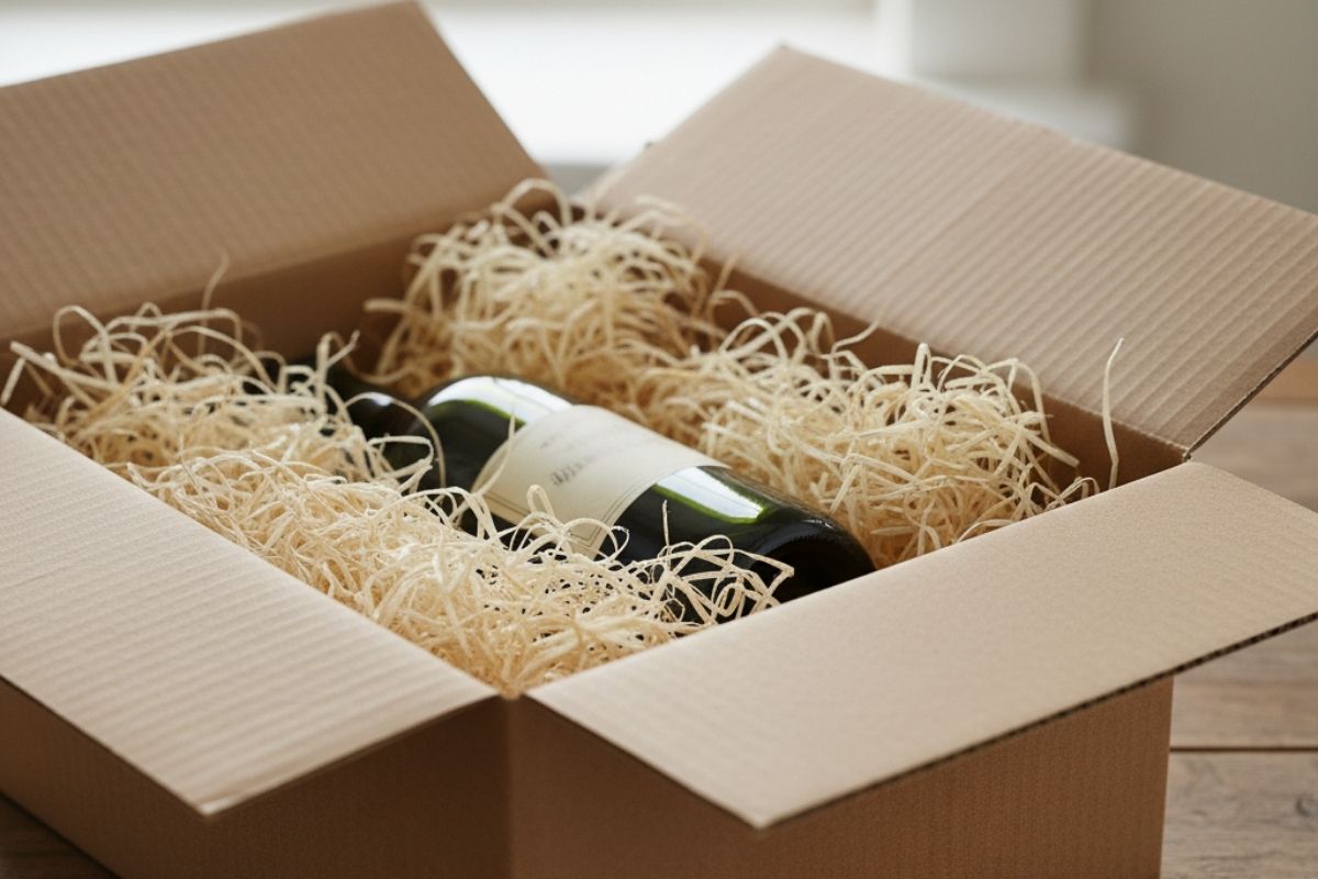 Flasche in Holzwolle